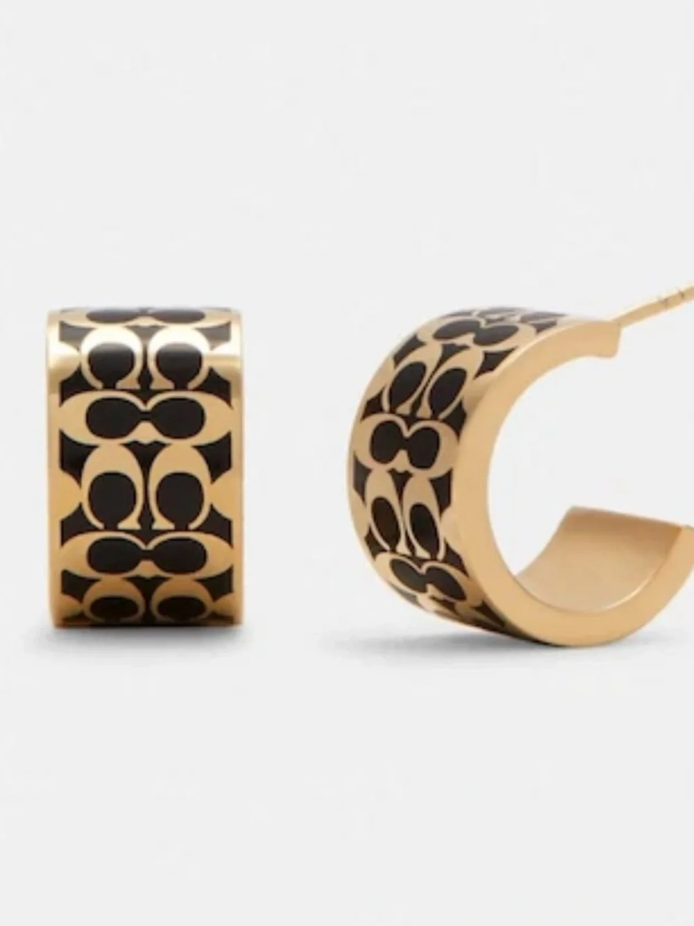 Coach Gold-Tone Huggie Earrings with Black Signature Print